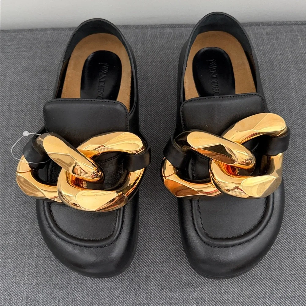 NEW JW Anderson Chain leather loafers Size IT 37 US 7 Back/ Gold - Picture 1 of 13